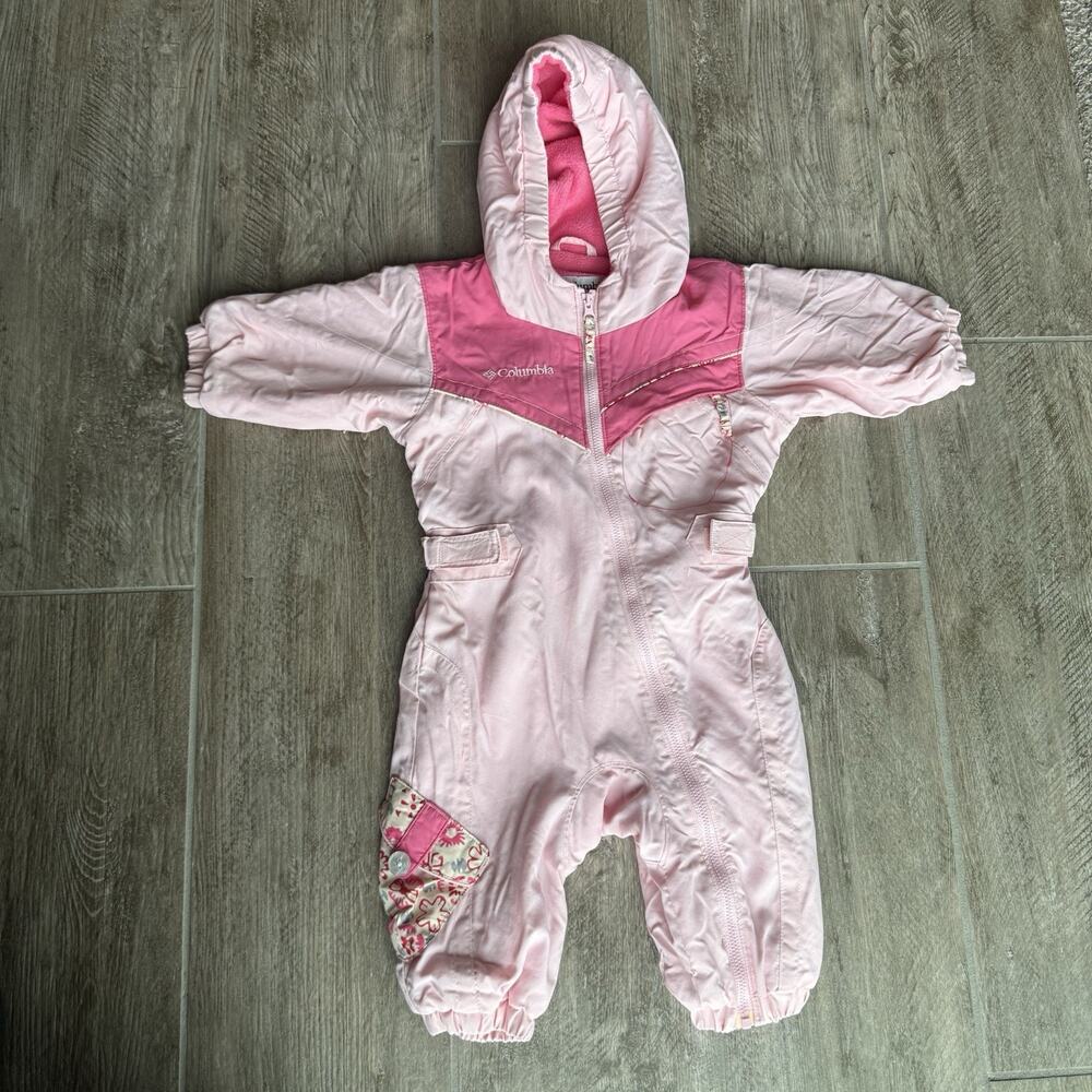 Columbia Baby Girls Snowsuit 12 Months Pink Fleece Lined Hooded Bunting Floral